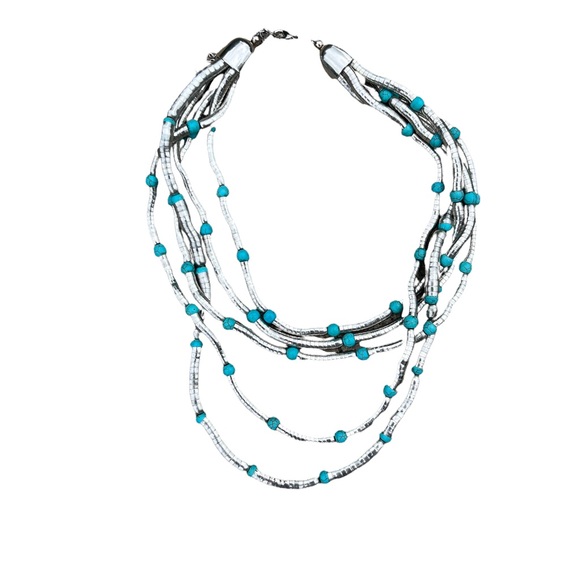 5 Strand Liquid Silver Turquoise Bold Necklace Southwest Style Statement Chunky - Picture 3 of 7